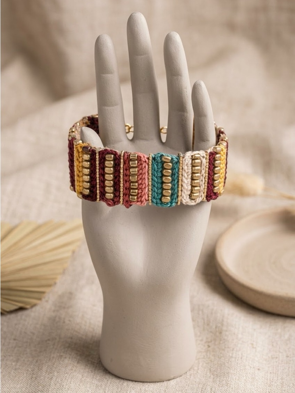Boho Woven Beaded Strand Bracelet Multicolor Gold Tone Clasp